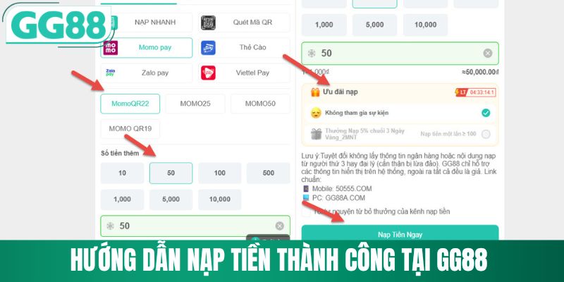 Nạp Tiền GG88 2 Các bước nạp tiền thành công qua hệ thống GG88
